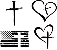 Cross Decal 4 Pack: Cross of Nails, Heart Cross, American Flag Cross, Christian Cross in Heart Decals Die Cut Vinyl Decal