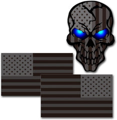 3 Pack 5.1"Reflective All Black American Flag Sticker, Skull Decal with Black US Flags, UV Fade Resistant Vinyl Car Flags Stickers for Trucks Jeep Van Women Men Motorcycle Laptop Skateboard Bike Bumpe Die Cut Vinyl Decal