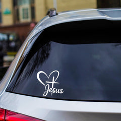 Christian Jesus Heart Cross Decal 7x6.7in – “Jesus” Handwritten Script with Heart and Cross – Waterproof Vinyl Sticker for Car| Die Cut Vinyl Decal