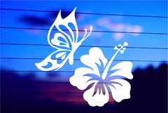 Butterfly and Hibiscus vinyl die cut decal for cars trucks laptops windows