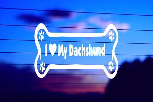 Dachshund dog bone vinyl die cut decal for cars, trucks, windows, and laptops
