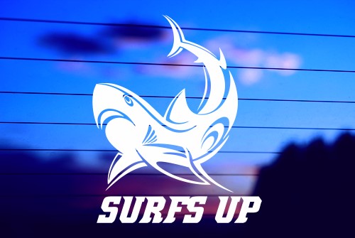 Shark Surfs Up vinyl die cut decal for cars trucks laptops windows