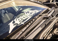 white hellacore sticker affixed to a car windshield Die Cut Vinyl Decal