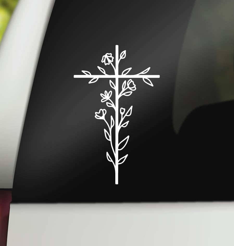 Cross Decal | Floral Cross Decal | Christian Religious Vinyl Sticker | Cross Car Decal Bumper Sticker Window Laptop Tumbler Decal Die Cut Vinyl Decal