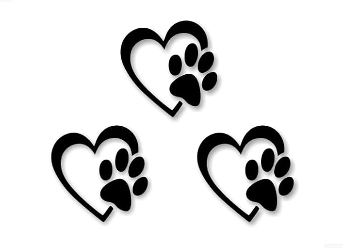 3 Heart with Paw Print Solid Black Color 4'' Decals, Die Cut Vinyl Decal