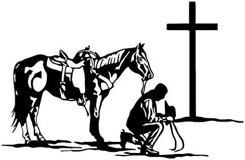 Cowboy Praying Horse Cross - Sticker Graphic - Auto, Wall, Laptop, Cell, Truck Sticker for Windows, Cars, Trucks Die Cut Vinyl Decal