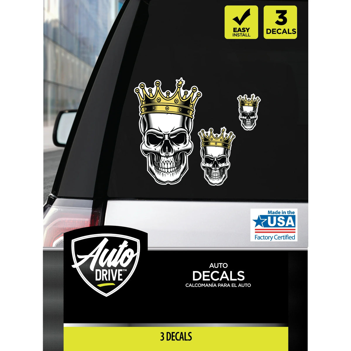 Auto Drive Crown Skull Decals Set of 3 Vinyl Car Stickers  Die Cut Vinyl Decal/ Bumper For Windows, Cars, Trucks, Laptops, Etc.