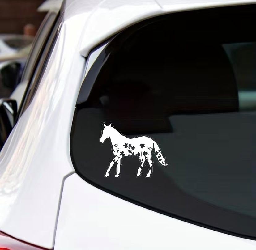 MAKTEM Horse White Silhouette in Motion Car Decal with Floral Design, Cowboys Western Iconic  Die Cut Vinyl Decal