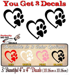 3 Heart with Paw Print Solid Black Color 4'' Decals, Die Cut Vinyl Decal