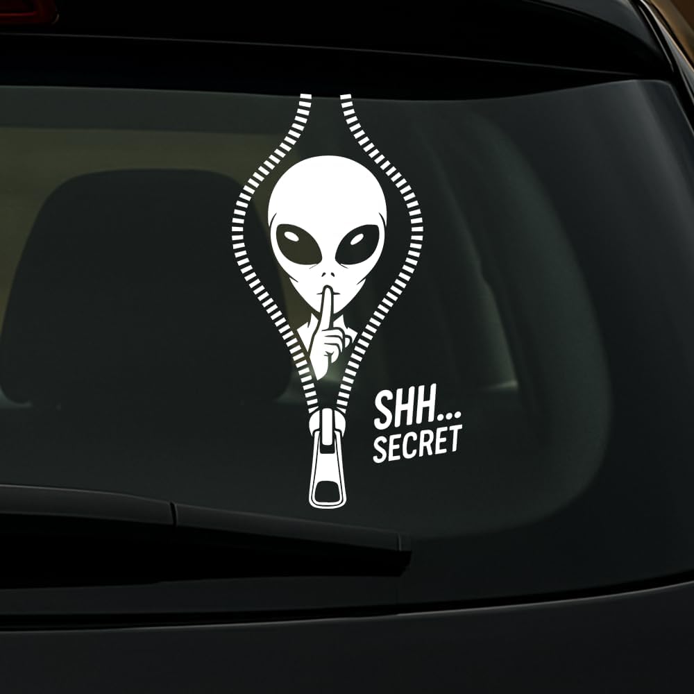 Alien Secret Vinyl Decal 7x7 Inch – Funny “Shh… Secret” Zipper Alien Peeking Sticker for Car, Truck, Laptop Die Cut Vinyl Decal