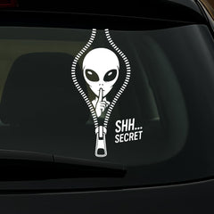 Alien Secret Vinyl Decal 7x7 Inch – Funny “Shh… Secret” Zipper Alien Peeking Sticker for Car, Truck, Laptop Die Cut Vinyl Decal