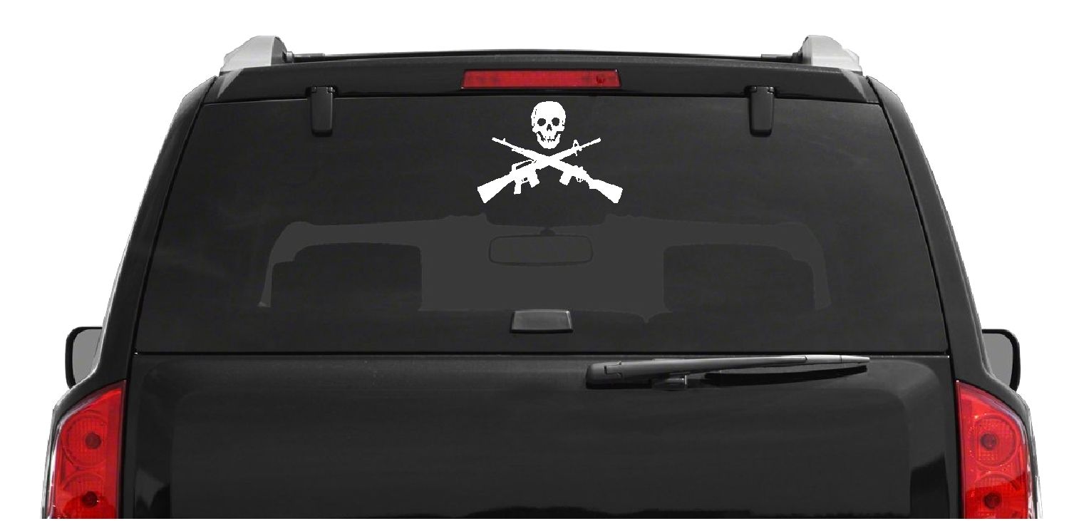 Skull with Crossed Guns Rifle Shotgun Vinyl Die Cut Vinyl Decal/ Bumper For Windows, Cars, Trucks, Laptops, Etc.