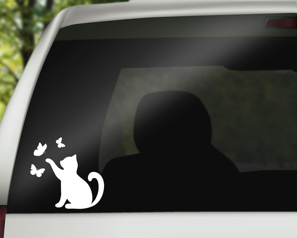 Cat Butterflies Decal Kitten Play Catching Butterfly Cute Car Vinyl Bumper Sticker Window Laptop Tumbler Decal Die Cut Vinyl Decal