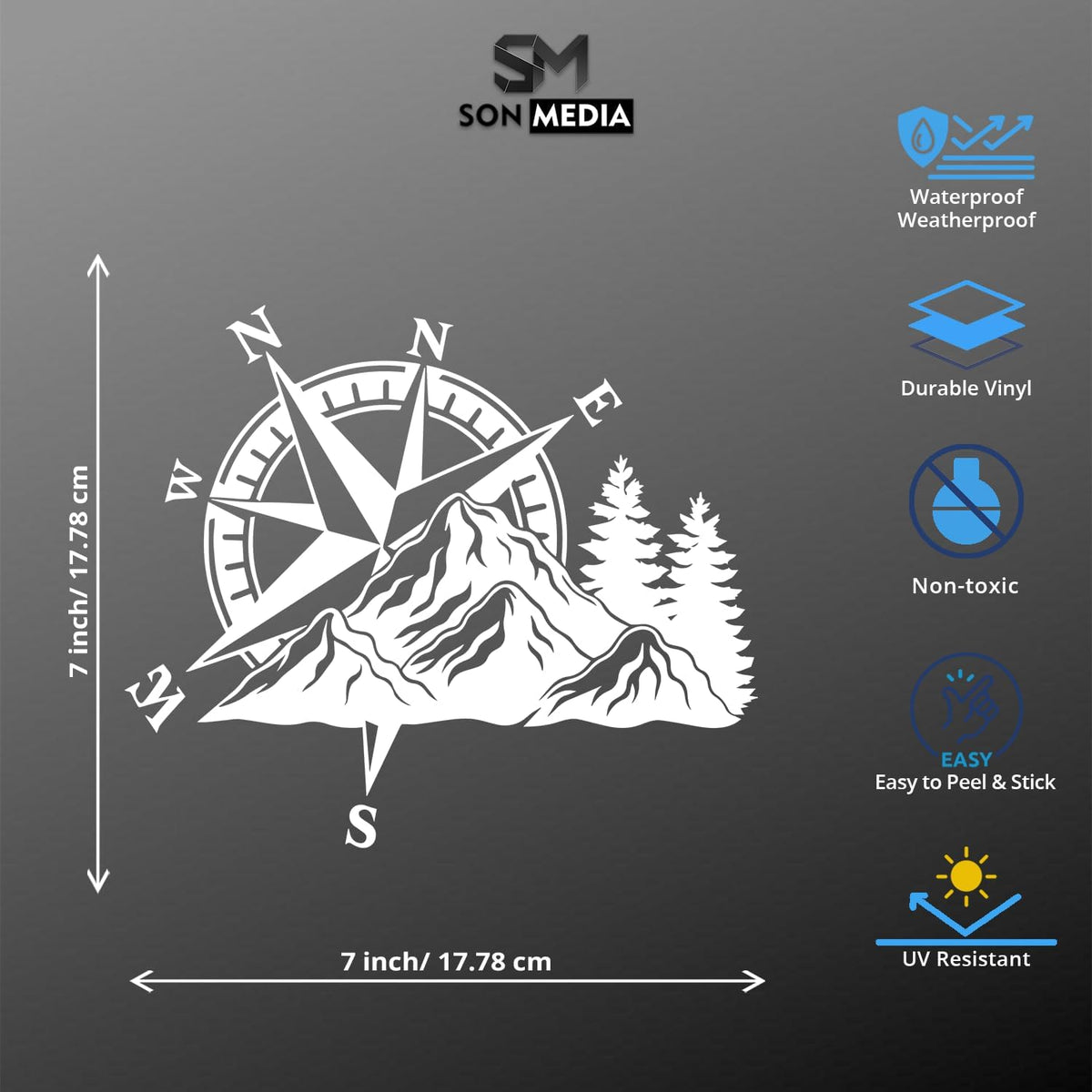 Compass Mountain Car Sticker, 6.96 x 5.9 Inch Adventure Vinyl Decal – Waterproof Compass Die Cut Vinyl Decal