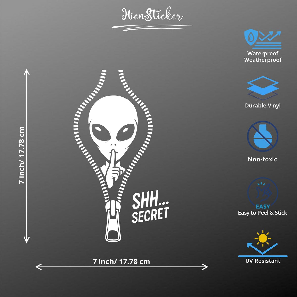 Alien Secret Vinyl Decal 7x7 Inch – Funny “Shh… Secret” Zipper Alien Peeking Sticker for Car, Truck, Laptop Die Cut Vinyl Decal