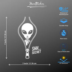 Alien Secret Vinyl Decal 7x7 Inch – Funny “Shh… Secret” Zipper Alien Peeking Sticker for Car, Truck, Laptop Die Cut Vinyl Decal