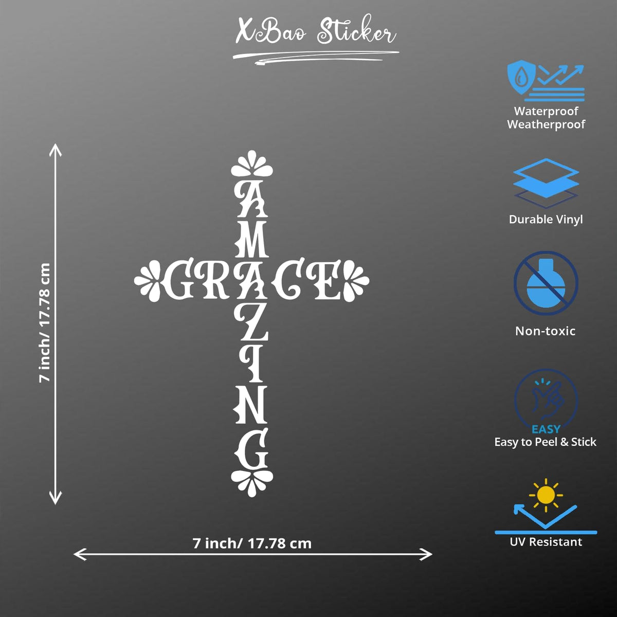 Christian Grace Cross Vinyl Decal 7x7 Inch, Minimal Religious Typography Faith Symbol DTF Transfer Sticker,  Die Cut Vinyl Decal
