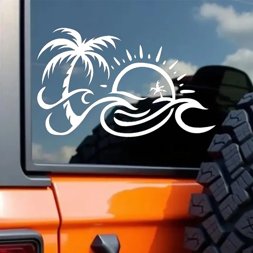 Car Sticker Interesting Sun Palm Tree Beach Original Delicate Nice Vinyl Sunscreen Anti-UV Decal,9cm*14cm  Die Cut Vinyl Decal