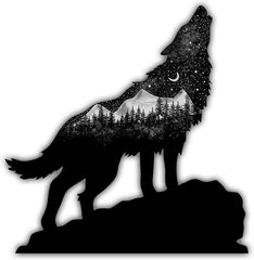 Die Cut Vinyl DecalWolf Mountain Silhouette Wall Art, Black Night Sky Design with Moon and Stars, Nature Wilderness Theme Metal Decor