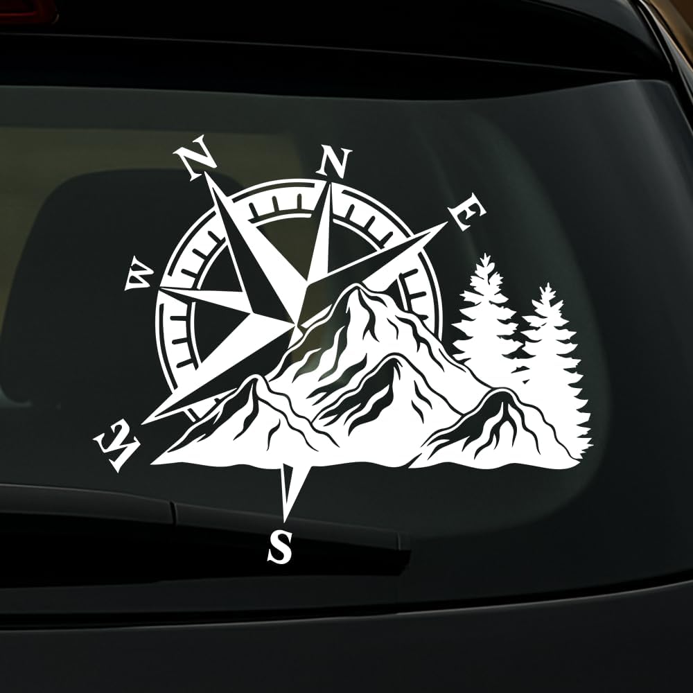 Compass Mountain Car Sticker, 6.96 x 5.9 Inch Adventure Vinyl Decal – Waterproof Compass Die Cut Vinyl Decal