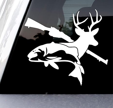 Fish Deer Gun Decal Vinyl Die Cut Vinyl Decal/ Bumper For Windows, Cars, Trucks, Laptops, Etc.