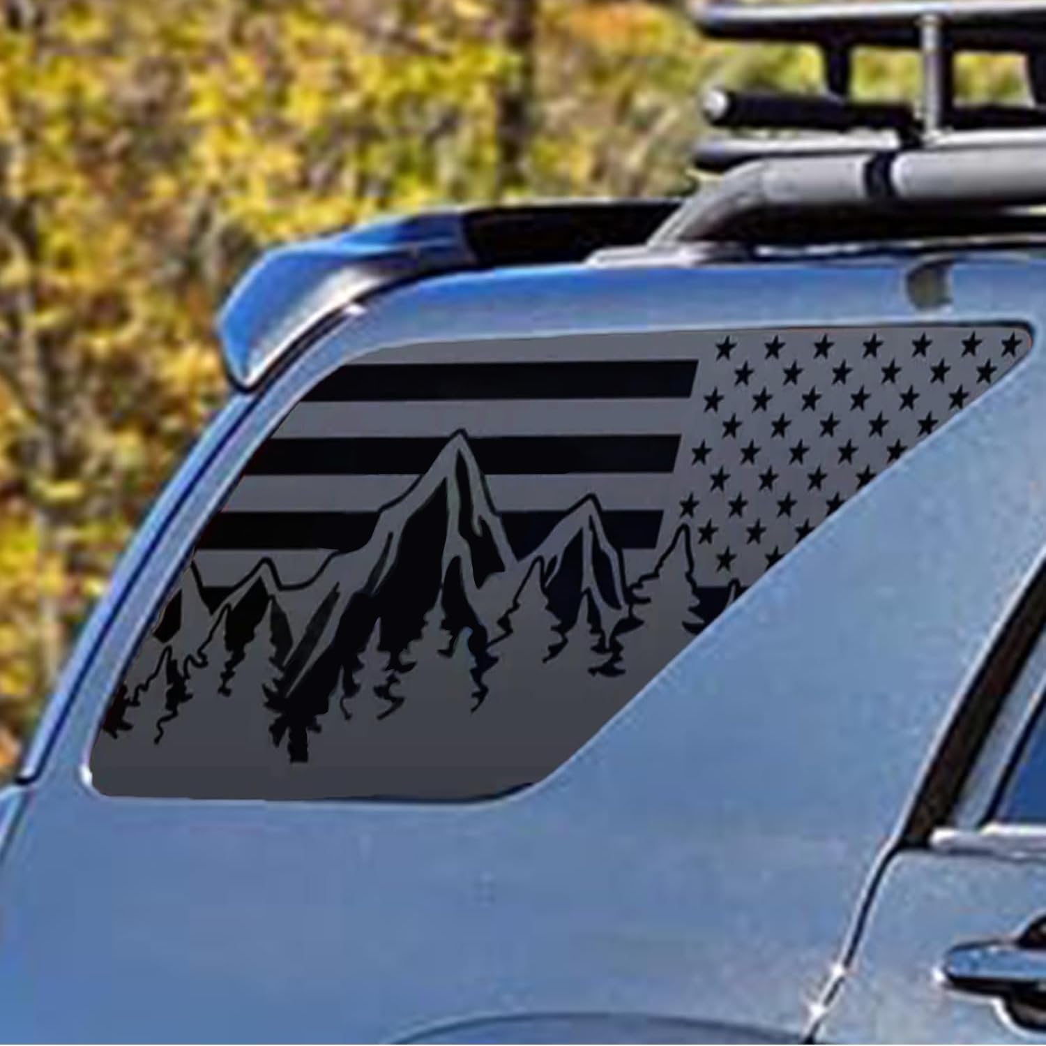 Xinghe for 2003-2009 Toyot@ 4Runner Rear Side Window Mountain American Flag Decals, Matte Black Mountain Flag Decal for Truck Side Back Window  Die Cut Vinyl Decal