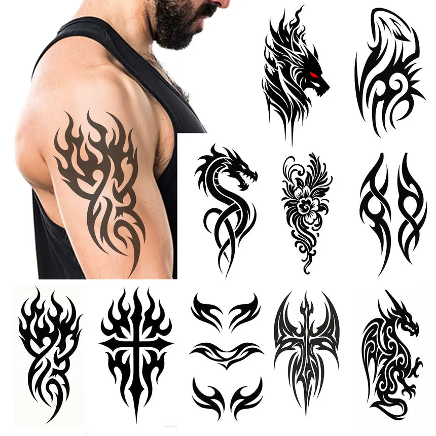 2pcs Tribal Totems Black Drgon Fire Fake Tattoos Waterproof Water Transfer Temporary Stickersr Art Temporary Tattoo Die Cut Vinyl Decal