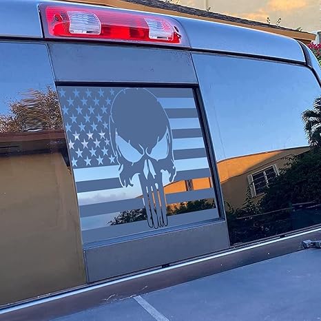 for Tacoma 2016-2023 Rear Middle Window Skull American Flag, Die Cut Vinyl Decal