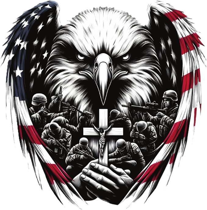 Patriotic American Eagle with Praying Soldiers Vinyl Decal For Windows, Cars, Trucks, Laptops, Etc