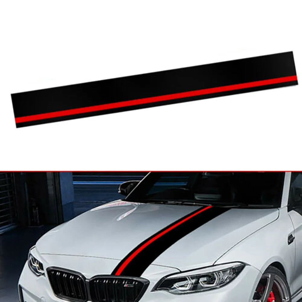 Matte Black W/ Red Rally Stripes Racing Car Body Front Hood Decal Sticker Decor | Die Cut Vinyl Decal/ Bumper For Windows, Cars, Trucks, Laptops, Etc.