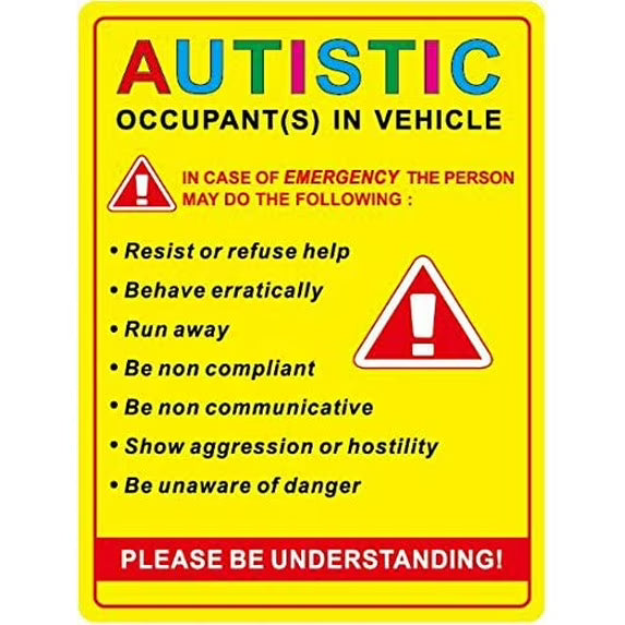 Autistic Occupant Vehicle Safety Warning Decal, 5 x 3.8 inches, Waterproof Die-Cut Vinyl Sticker Pack of 2  Die Cut Vinyl Decal/ Bumper For Windows, Cars, Trucks, Laptops, Etc.
