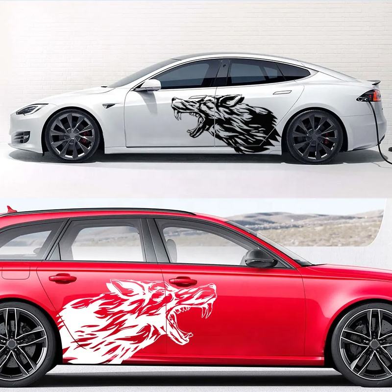 Creative 2pcs Fierce Wolf Car Body Side Skirt Sticker, Die-Cut Decal