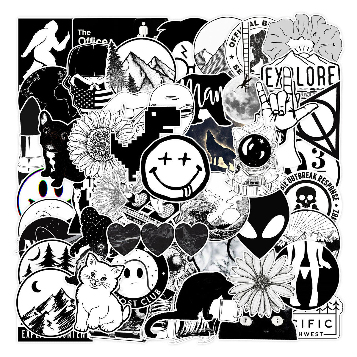 Wholesale 50Pcs Cool Black and White Cartoon Stickers, Die Cut Vinyl Decal