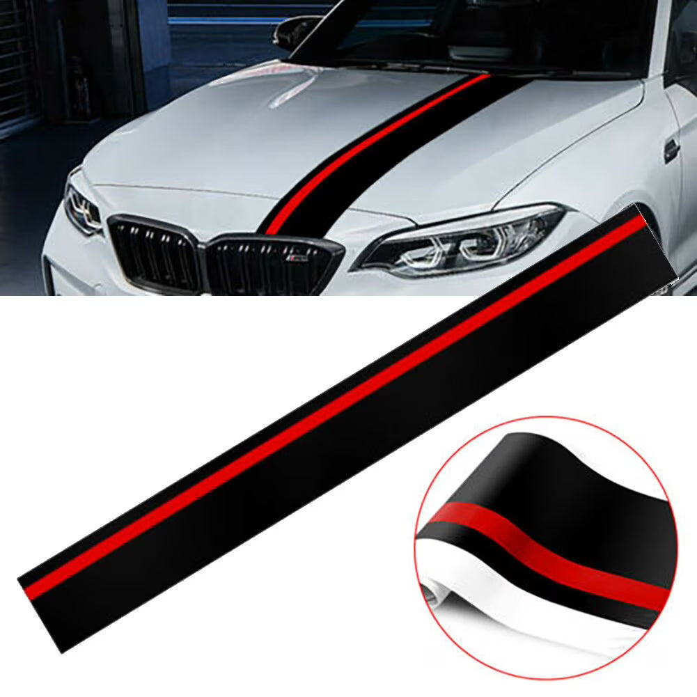 Matte Black W/ Red Rally Stripes Racing Car Body Front Hood Decal Sticker Decor | Die Cut Vinyl Decal/ Bumper For Windows, Cars, Trucks, Laptops, Etc.