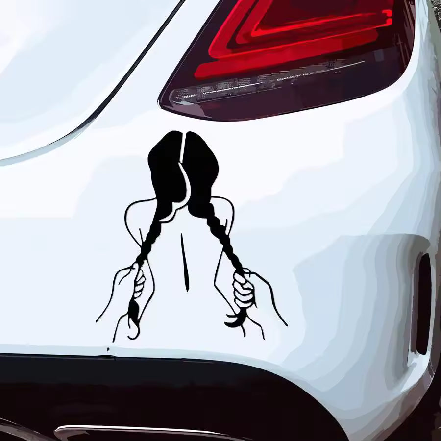 Black Hand Holding Double Ponytail Girl  Flower For Car Body, Side Door Warning  Die Cut Vinyl Decal