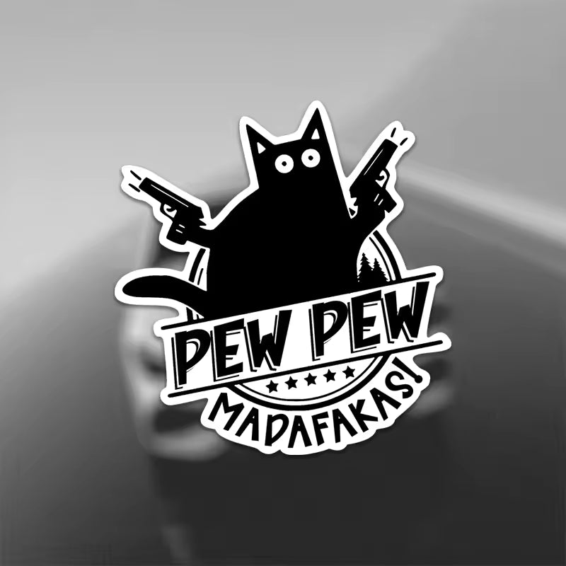 Pew Pew Madafakas" Sarcastic Cat with Guns Vinyl Sticker - Perfect for Laptops, Water Bottles, Phones, Cars, Tents, Vans,  Die Cut Vinyl Decal