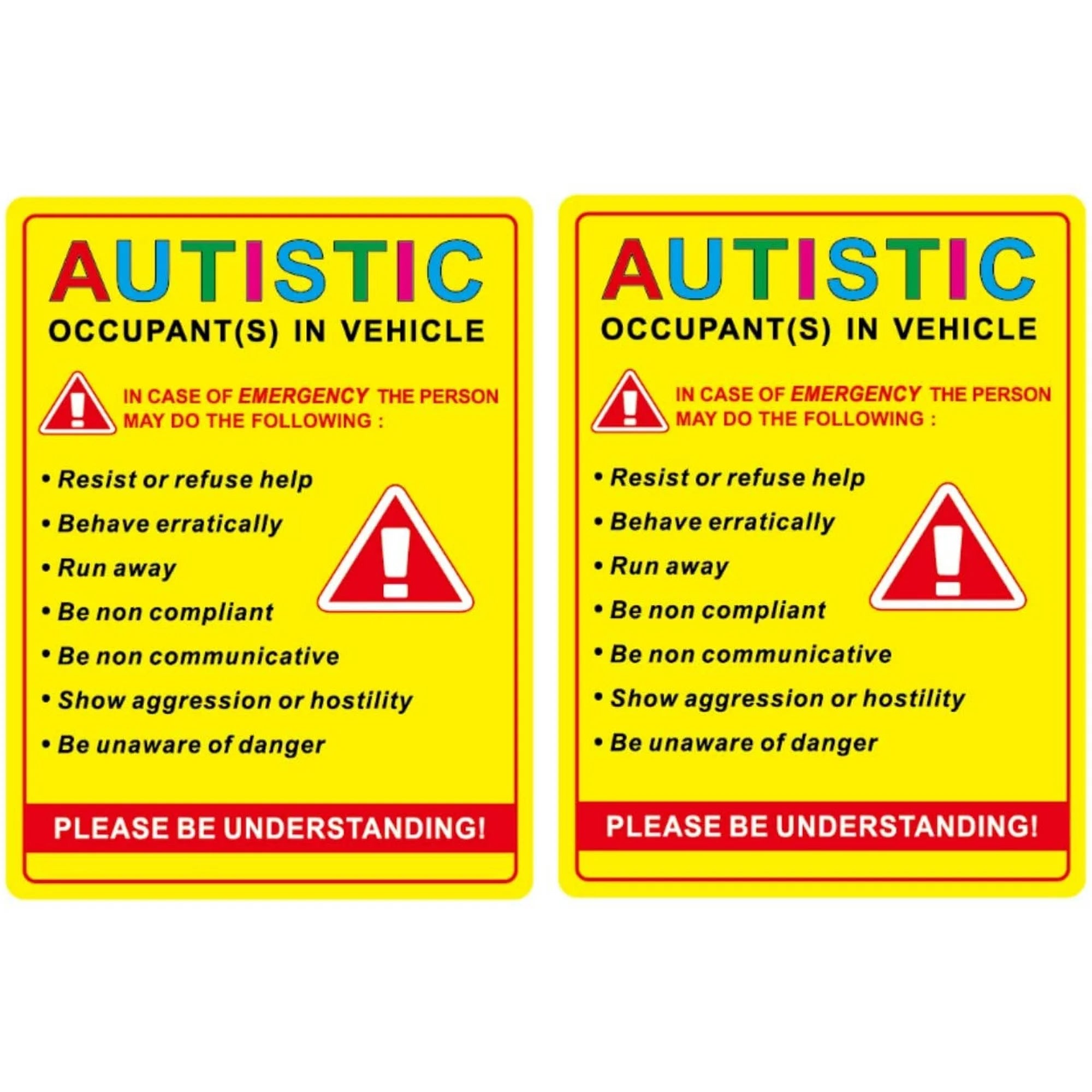 Autistic Occupant Vehicle Safety Warning Decal, 5 x 3.8 inches, Waterproof Die-Cut Vinyl Sticker Pack of 2  Die Cut Vinyl Decal/ Bumper For Windows, Cars, Trucks, Laptops, Etc.