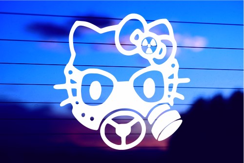 Hello Kitty with gas mask vinyl die cut decal for cars trucks laptops windows