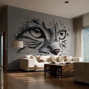 May include: A large black and white mural of a cat's face dominates Die Cut Vinyl Decal