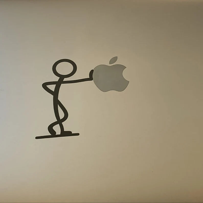 Stick Figure Leaning - Mac Apple Logo Cover Laptop Vinyl Decal Macbook Unique Cartoon Funny - Die Cut Vinyl Decal