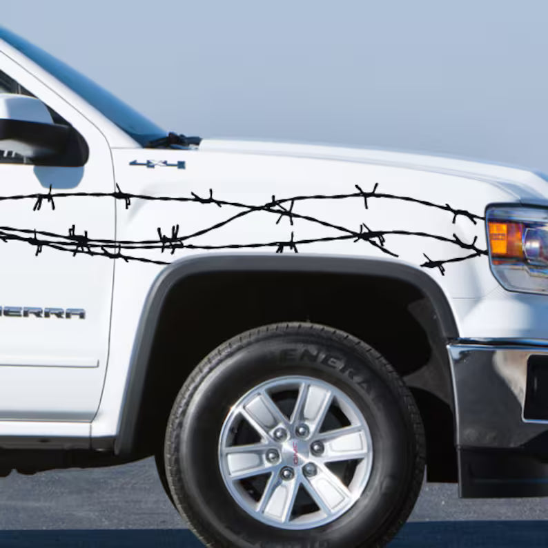 Barbed Wire Trailer Side Bed Pickup Vehicle Distressed Grunge Truck Car Vinyl Graphic Decal | Die Cut Vinyl Decal