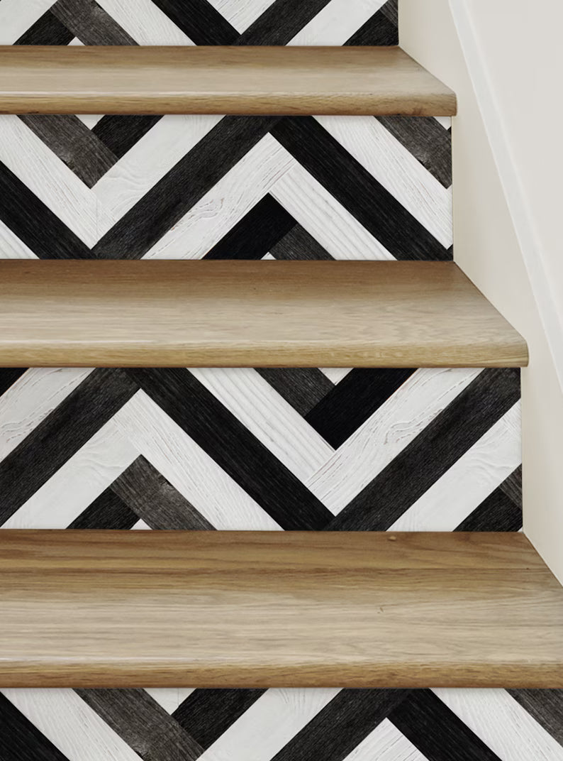 Chevron Striped Wood, Black and White, Stair Riser Decals - Die Cut Vinyl Decal