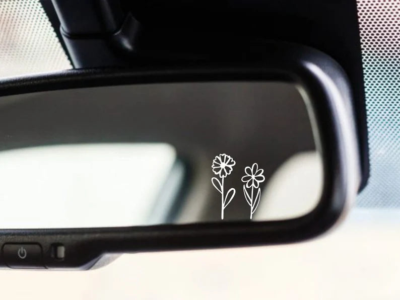 rearview mirror decal, tiny flower sticker, small botanical decal floral, laptop car boat suv truck, holographic iridescent, opal white Die Cut Vinyl Decal