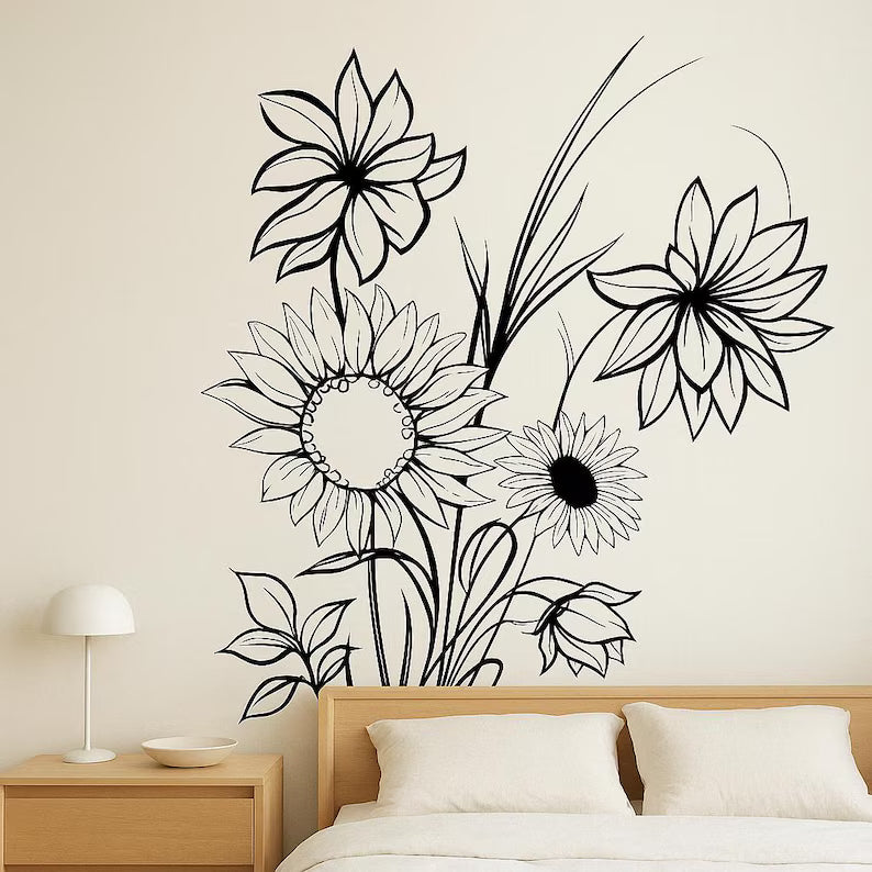 Sunflower Wall Decal | Modern Flower Wall Art for Bedroom, Bathroom, or Girls Room Mural | Die Cut Vinyl Decal