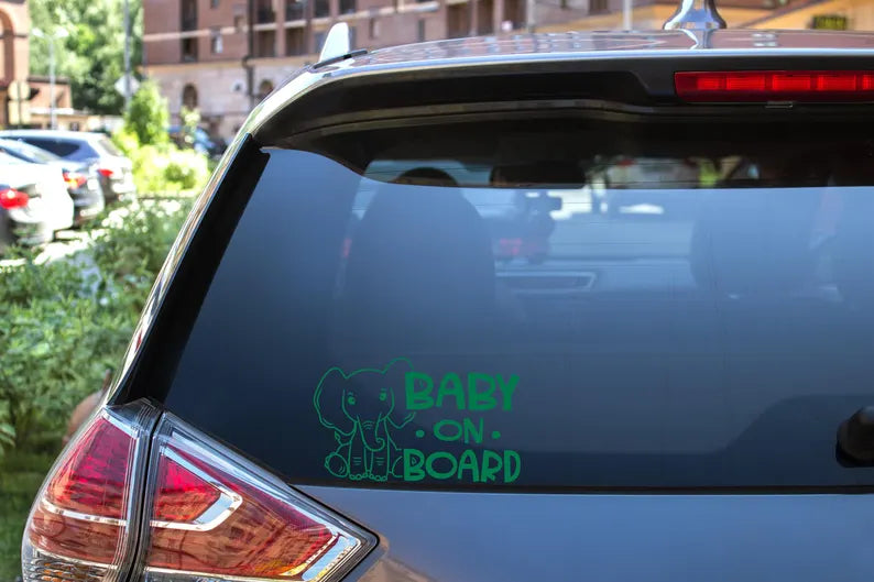 Baby On Board Car Decal - Elephant - Vinyl Cut Sticker for Vehicles or Home Windows Die Cut Vinyl Decal