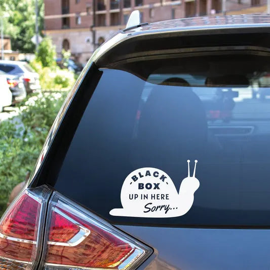 Black Box Snail Car Sticker - Funny Vinyl Decal For Car Bumper Or Rear Window, Slow car, Young Driver, Black Box Fitted, Passed Driving Test Die Cut Vinyl Decal