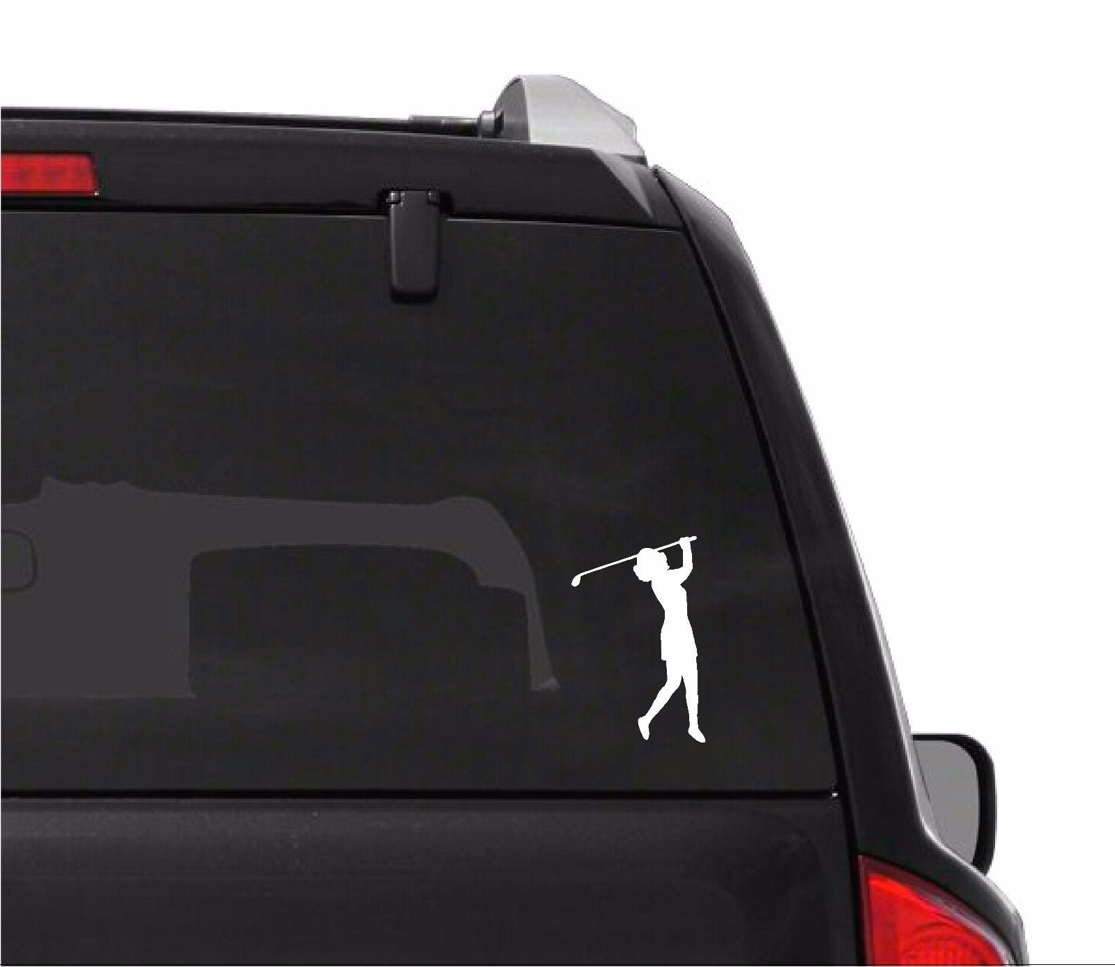 lady‑golfer‑vinyl‑decal applied on car window outdoor waterproof