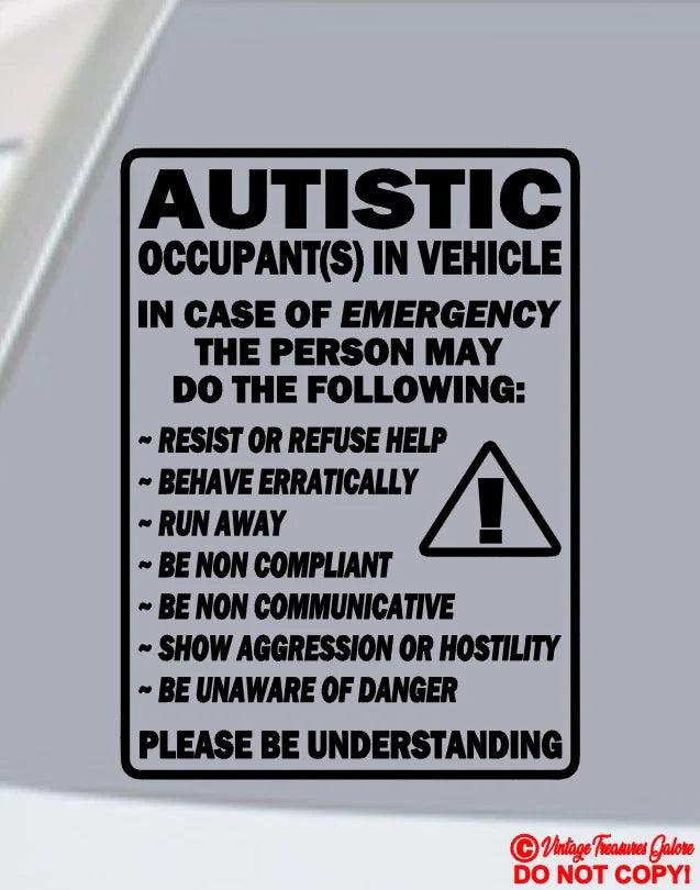 AUTISTIC OCCUPANT IN VEHICLE  Die Cut Vinyl Decal
