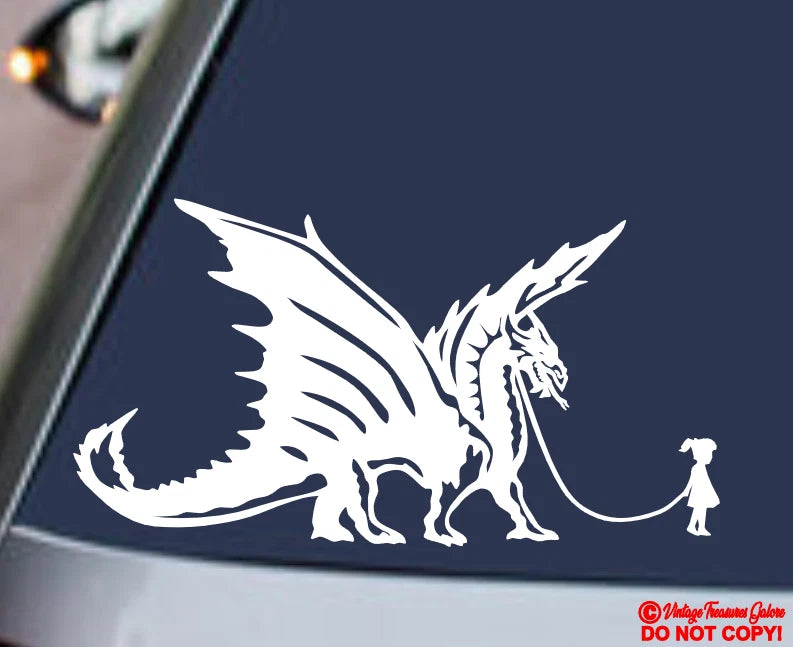 GIRL WALKING A PET DRAGON Die Cut Vinyl Decal