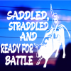 close up saddled straddled ready for battle vinyl die cut sticker